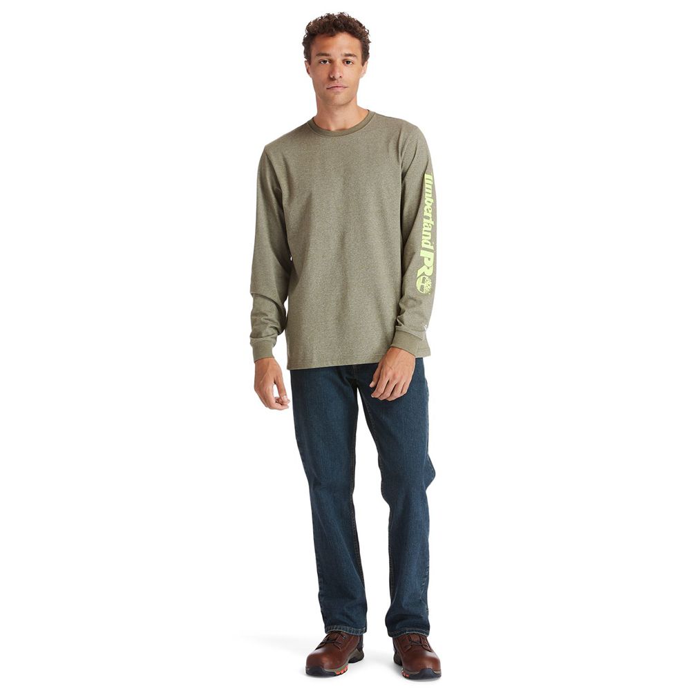 Timberland Mens T-Shirts PRO® Base Plate Long-Sleeve Logo - Olive - India RP2869340